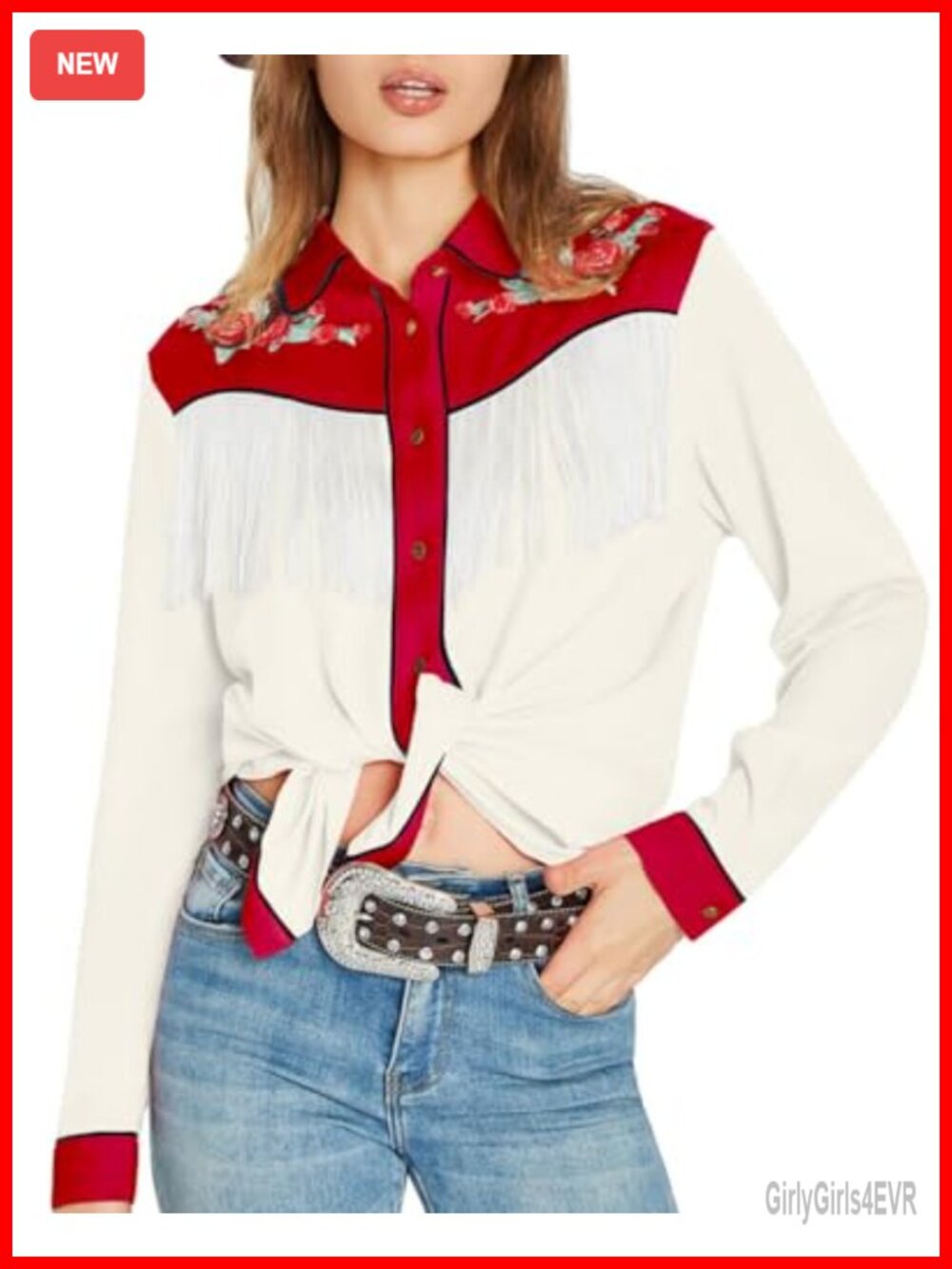 Women Fringe Western Shirt Floral Embroidered Button Down Concert